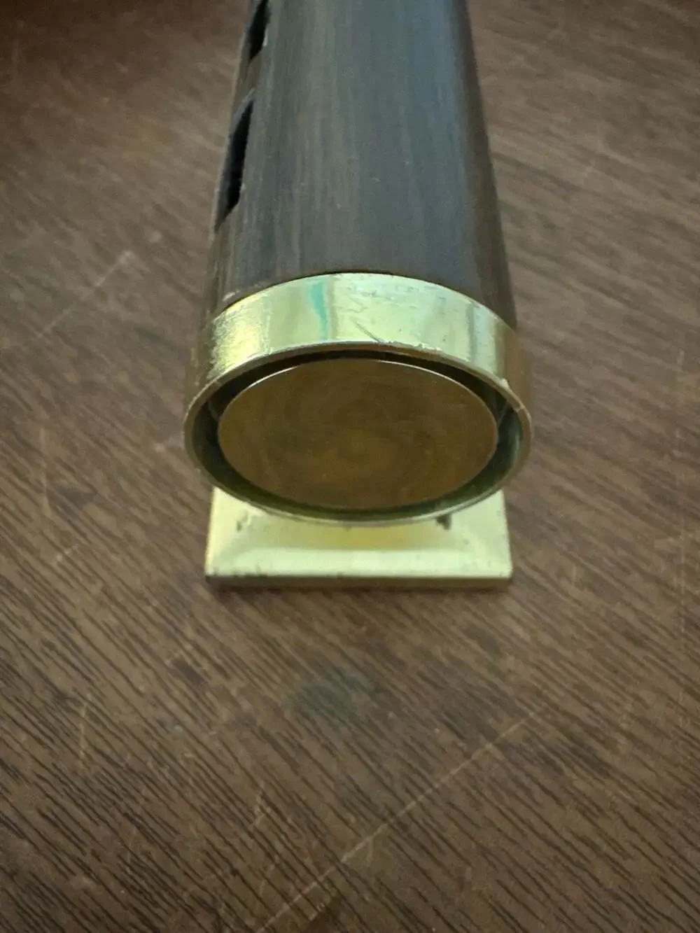 Vintage Mid Century Brass and Faux Wood Cylindrical Perpetual Desk Calendar